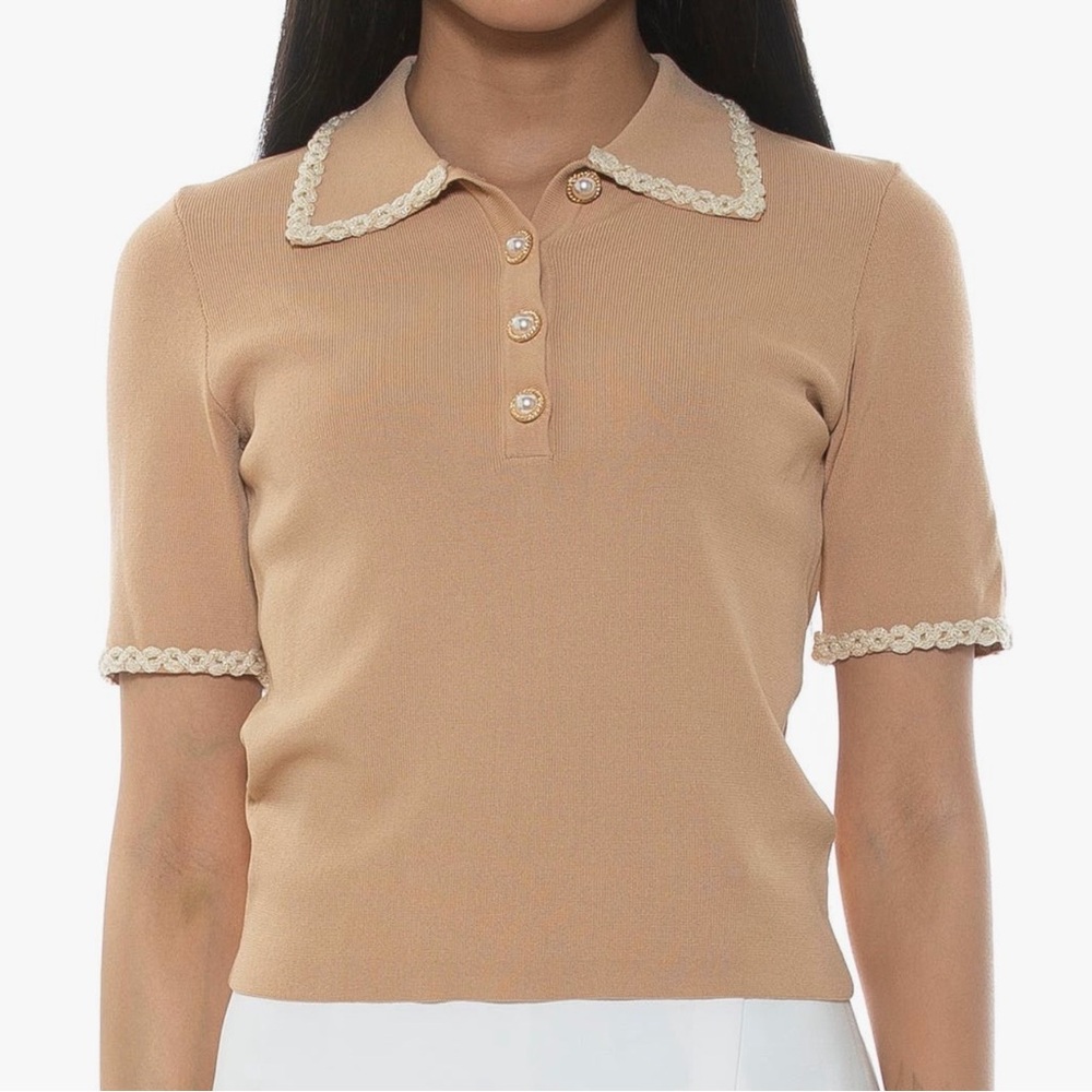 Alexia Admor Pearl Button Collared Knit‎ Top Beige XL Contrast Trim NWT